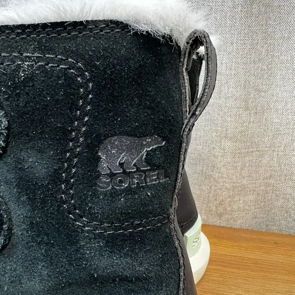 SOREL Explorer II Joan Boots Suede Faux Fur Sz 2 Waterproof Lace Up Shoes Black